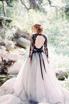 Gorgeous Black Lace A-line V-neck Long Sleeves Wedding Dresses, MW559