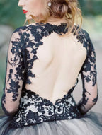 Gorgeous Black Lace A-line V-neck Long Sleeves Wedding Dresses, MW559