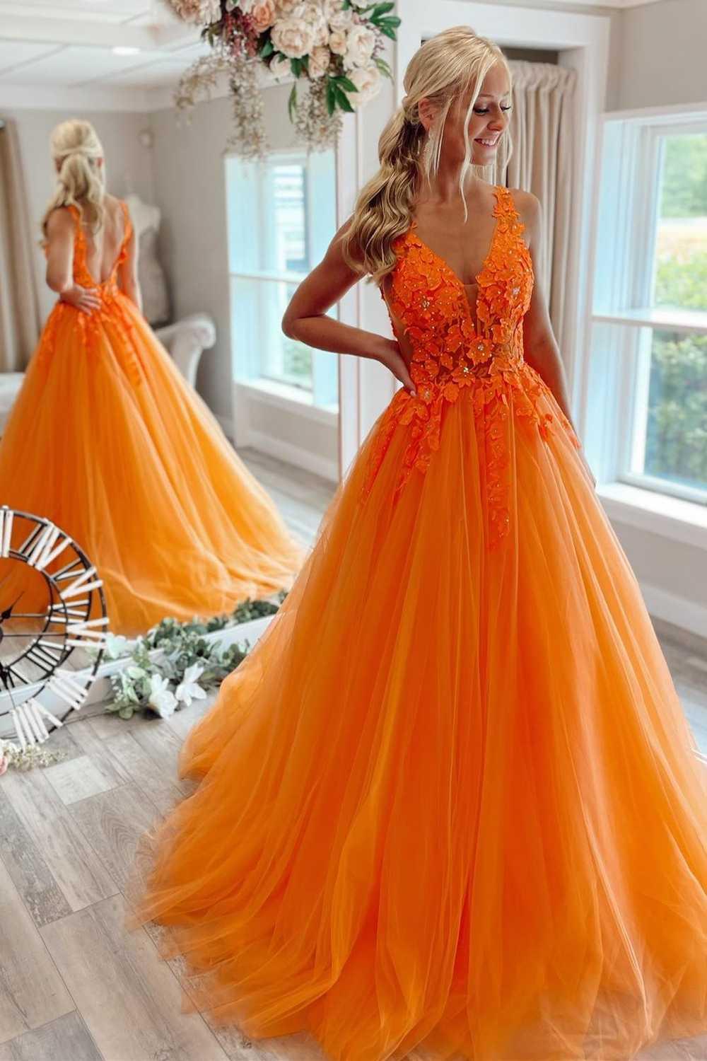 Gorgeous Orange V-Neck Floral Tulle Long Prom Dress PSK360