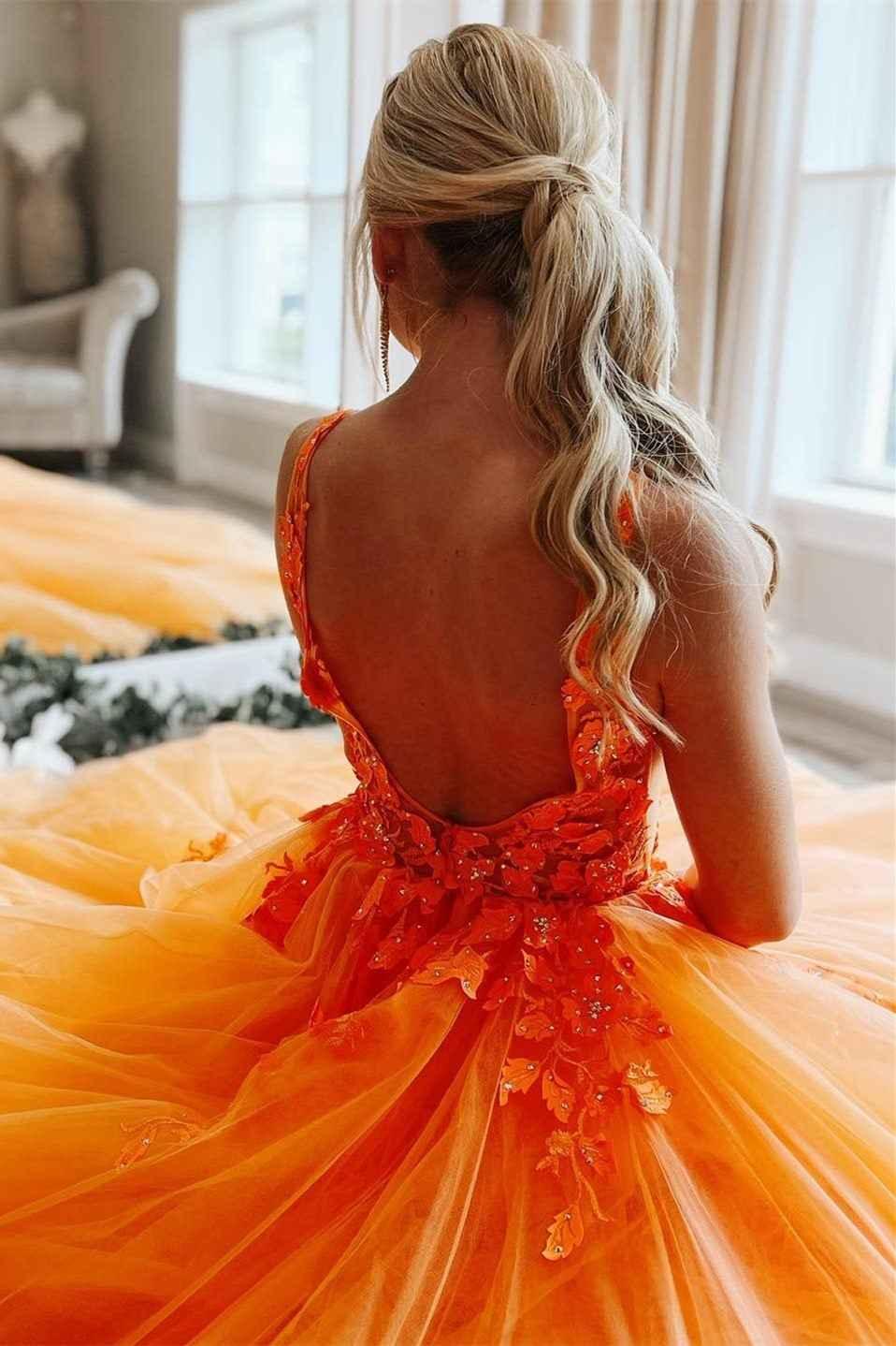 Gorgeous Orange V-Neck Floral Tulle Long Prom Dress PSK360