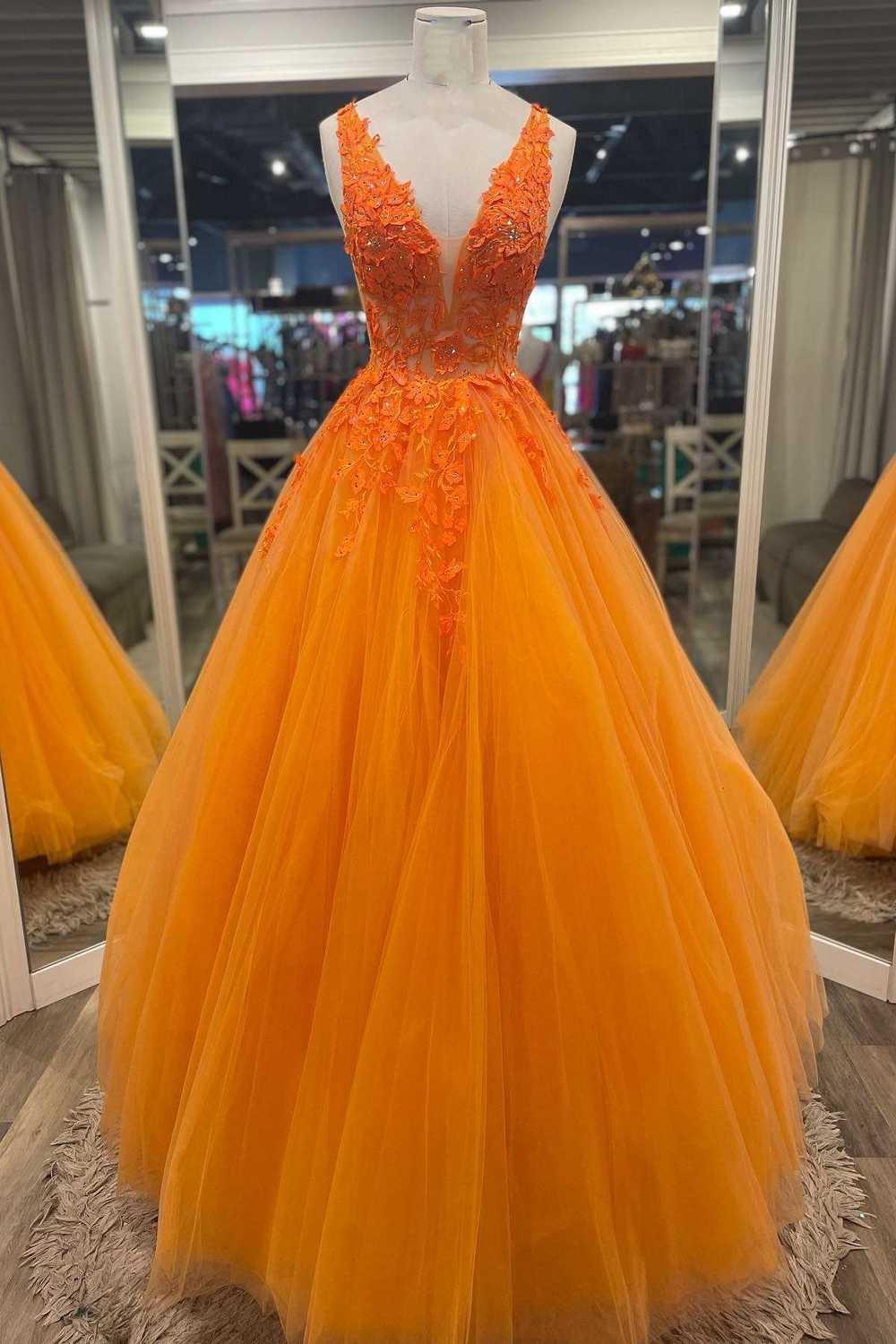 Gorgeous Orange V-Neck Floral Tulle Long Prom Dress PSK360