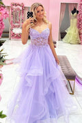 Wunderschönes langes Ballkleid mit V-Ausschnitt, Perlen und lila Spitze und Blumenmuster, PSK354
