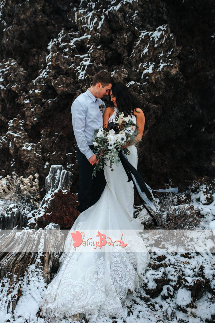 Gorgeous Lace Top Mermaid Sleeveless Elegant Wedding Dresses With Train, DB0136