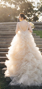 Gorgeous Lace V-neck Ruffles Tulle Ball Gown Wedding Dresses,DB0163