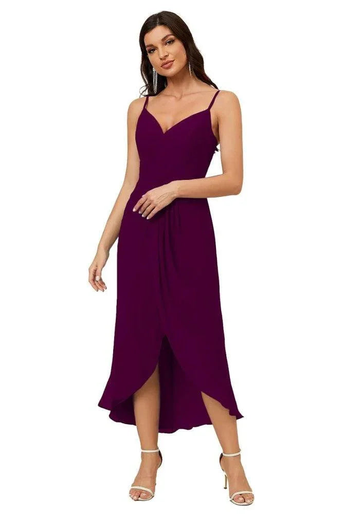 Numbersea Spaghetti-Träger Chiffon V-Ausschnitt Brautjungfernkleid Mittellanger Schlitz Formelles Abschlussballkleid Homecoming-Kleid 2803