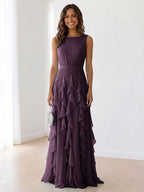 Sleeveless Tiered Chiffon Maxi Evening Gown with Ruched Bodice