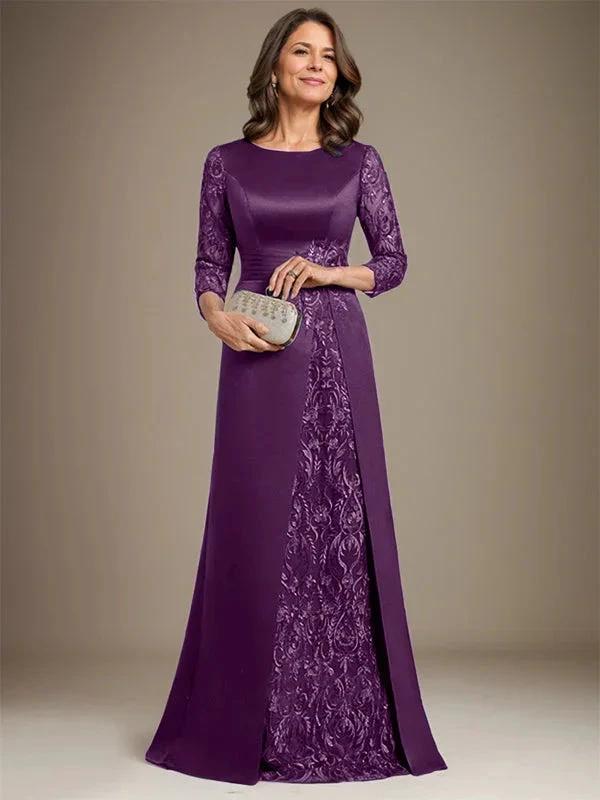 A-Line Scoop Floor-Length Lace Satin Mother Of the Bride Dress With Applique by Dreamylily