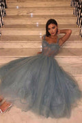 Graublaues Tüll-Spitzen-Abendkleid in Teelänge, Tüll-Spitzen-Heimkehrkleid, PD444