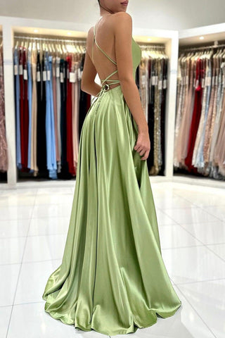 Satin Simple A Line Backless Green Long Prom Dress with Slit PSK381