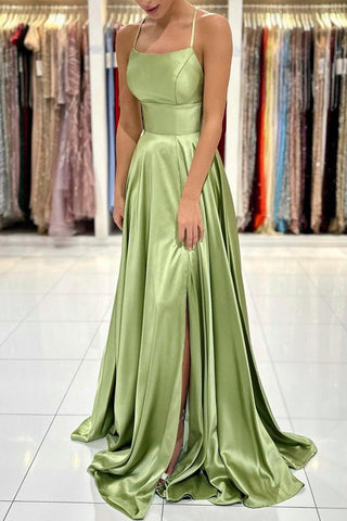 Satin Simple A Line Backless Green Long Prom Dress with Slit PSK381