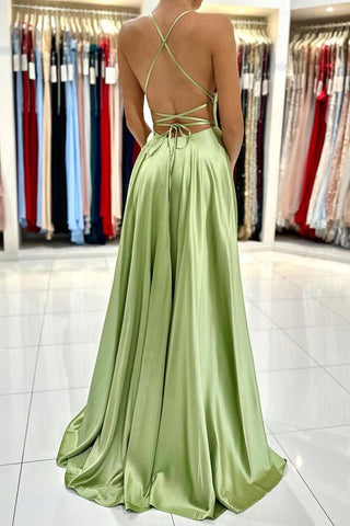 Satin Simple A Line Backless Green Long Prom Dress with Slit PSK381