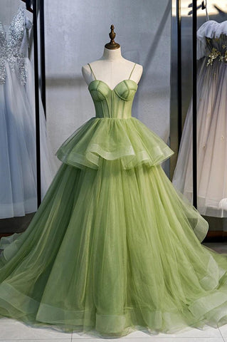 Tüll Grünes Langes Ballkleid A-Linie Abendkleid mit Schleppe PSK418