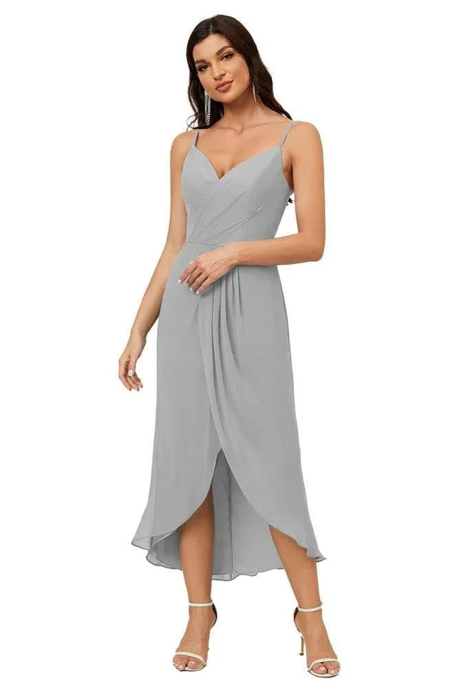 Numbersea Spaghetti-Träger Chiffon V-Ausschnitt Brautjungfernkleid Mittellanger Schlitz Formelles Abschlussballkleid Homecoming-Kleid 2803