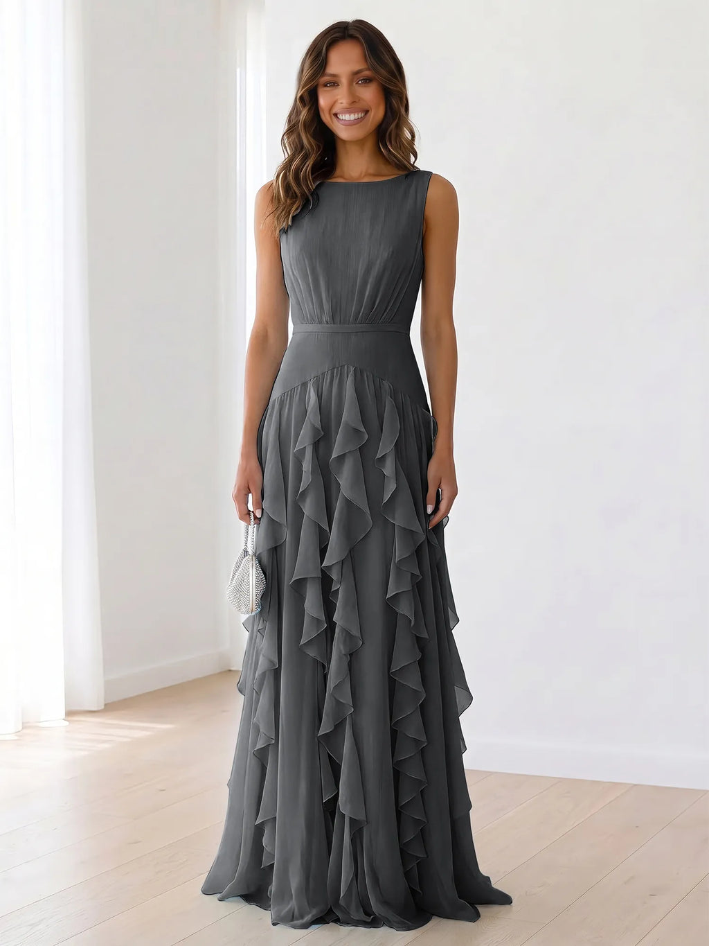 Sleeveless Tiered Chiffon Maxi Evening Gown with Ruched Bodice
