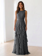Sleeveless Tiered Chiffon Maxi Evening Gown with Ruched Bodice