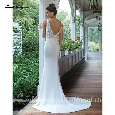 Sexy rückenfreies Brautkleid, figurbetontes und ausgestelltes Kreppkleid mit durchgehendem Spitzenmieder, Brautkleider, Robe Femme, NumberSea 
