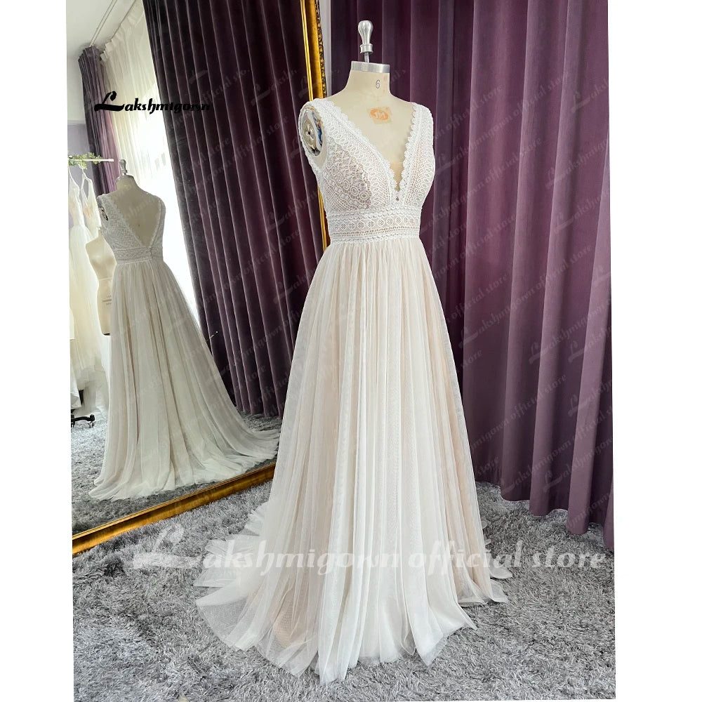 Lakshmigown V Neck Bohemian Wedding Dresses Lace Bridal Gowns Tulle A-Line Wedding Gown Robe De Mariée Country Customized