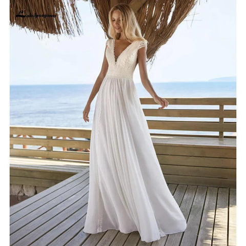 Vestido de noiva boémio simples, manga curta, decote em V, comprimento até ao chão, chiffon, corte A, charmoso para mulher 