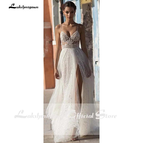 NumberSea Sexy Illusion Reise Brautkleid Strand Brautkleid mit Perlen Perlen Tüll Sweep Zug Arabische Robe de Mariee 