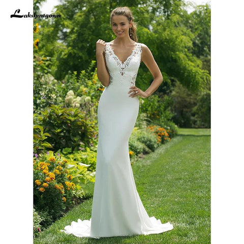 Meerjungfrau-Brautkleider aus weichem Satin für die Braut, gerades Kleid mit V-Ausschnitt und doppeltem Schlüsselloch auf der Rückseite, Brautkleider, Vestido de Noiva 