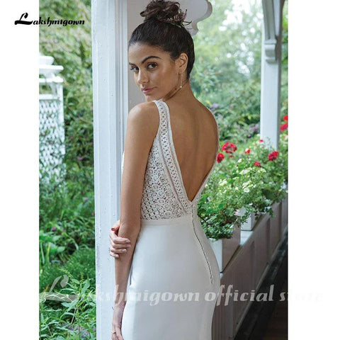 Sexy rückenfreies Brautkleid, figurbetontes und ausgestelltes Kreppkleid mit durchgehendem Spitzenmieder, Brautkleider, Robe Femme, NumberSea 