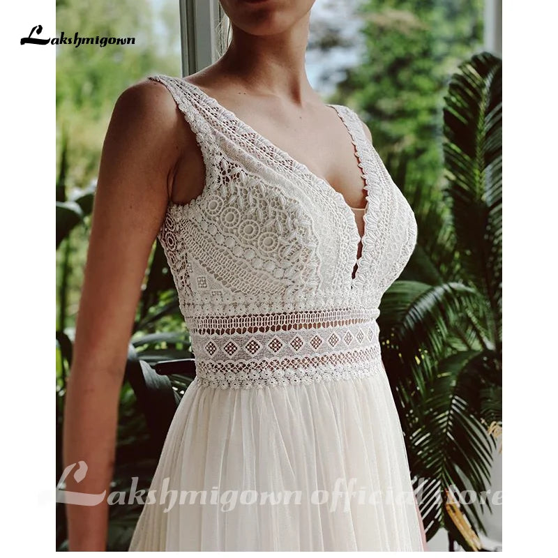 Lakshmigown V Neck Bohemian Wedding Dresses Lace Bridal Gowns Tulle A-Line Wedding Gown Robe De Mariée Country Customized