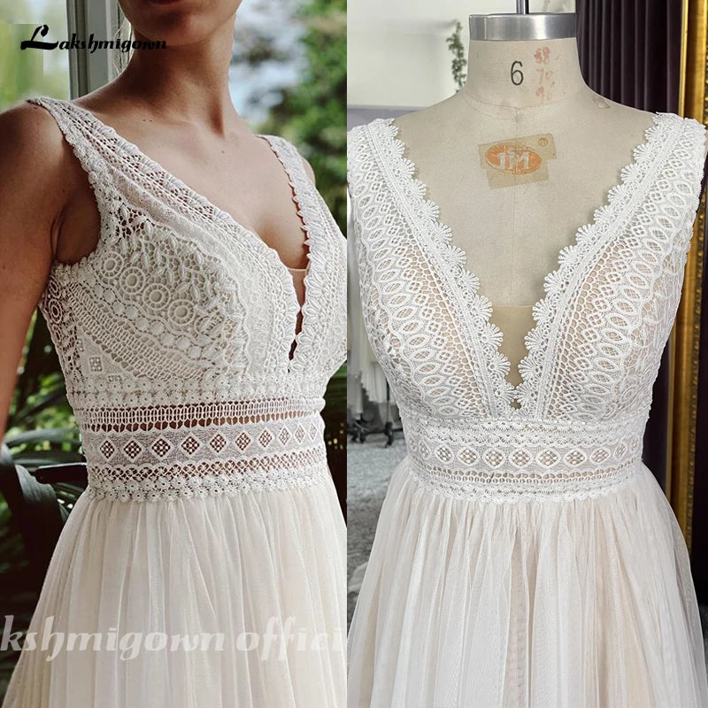 Lakshmigown V Neck Bohemian Wedding Dresses Lace Bridal Gowns Tulle A-Line Wedding Gown Robe De Mariée Country Customized