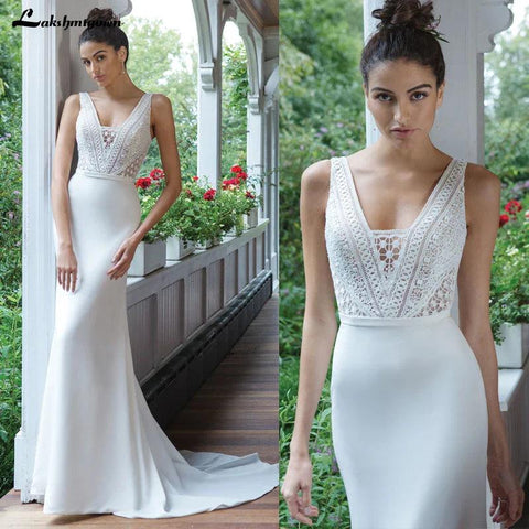 Sexy rückenfreies Brautkleid, figurbetontes und ausgestelltes Kreppkleid mit durchgehendem Spitzenmieder, Brautkleider, Robe Femme, NumberSea 