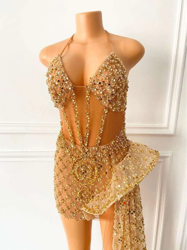 Glitzer Ärmellos Gold Sequin Mädchen Afrikanisch Kurz Homecoming Kleider Y548