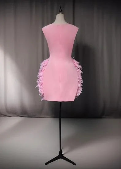Vestido de Luxo Cor-de-Rosa com Penas para Baile de Finalistas, Aniversário, Casamento e Festa Y2639