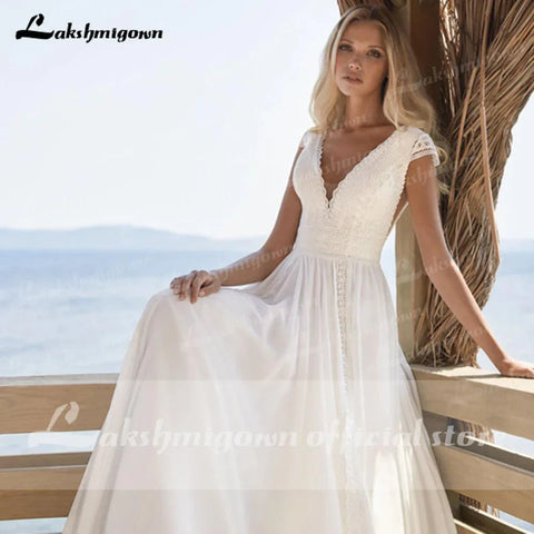 Vestido de noiva boémio simples, manga curta, decote em V, comprimento até ao chão, chiffon, corte A, charmoso para mulher 