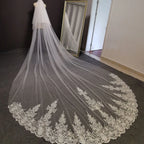 Customized Real Photos 2 T Long Lace Wedding Veil 4 Meters White Ivory Bridal Veil with Comb Blusher Bride Headpiece Accessories