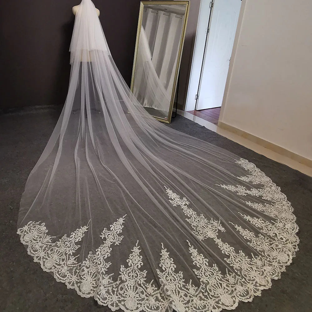 Customized Real Photos 2 T Long Lace Wedding Veil 4 Meters White Ivory Bridal Veil with Comb Blusher Bride Headpiece Accessories