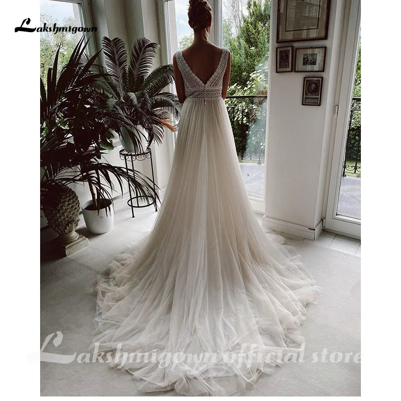 Lakshmigown V Neck Bohemian Wedding Dresses Lace Bridal Gowns Tulle A-Line Wedding Gown Robe De Mariée Country Customized