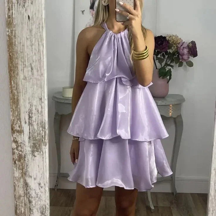 Einfaches blaues Organza-Trägerkleid mit mehrlagigem Minirock für den Abschlussball oder Homecoming Y8089