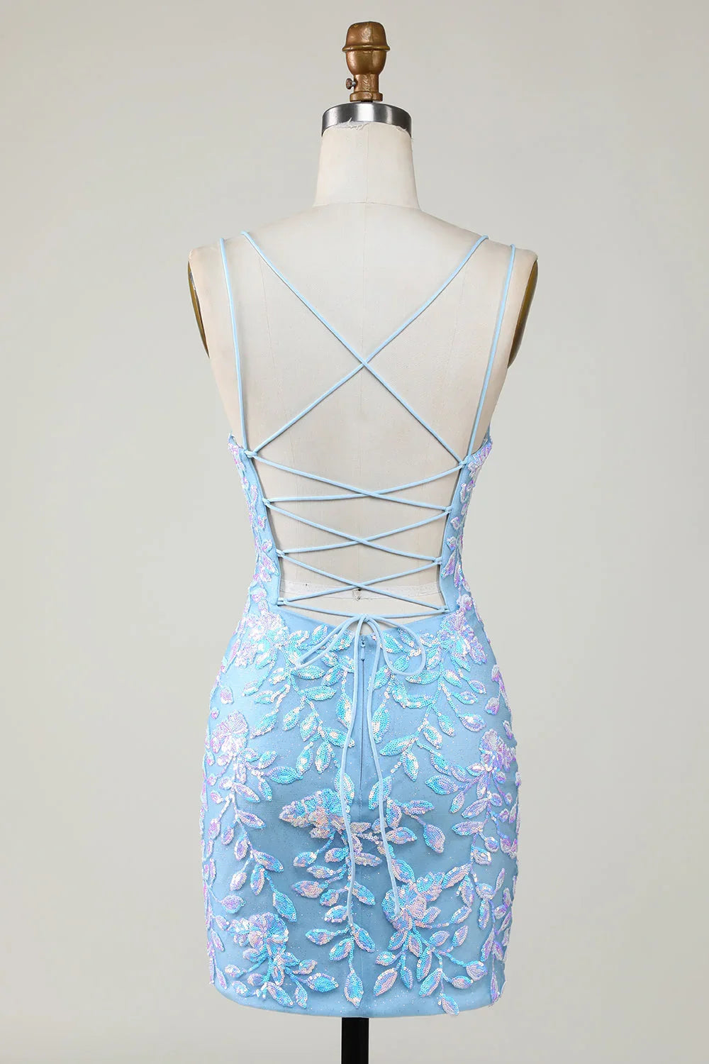 Vestido Curto de Baile de Finalistas Azul Com Alças Finas e Aplicações