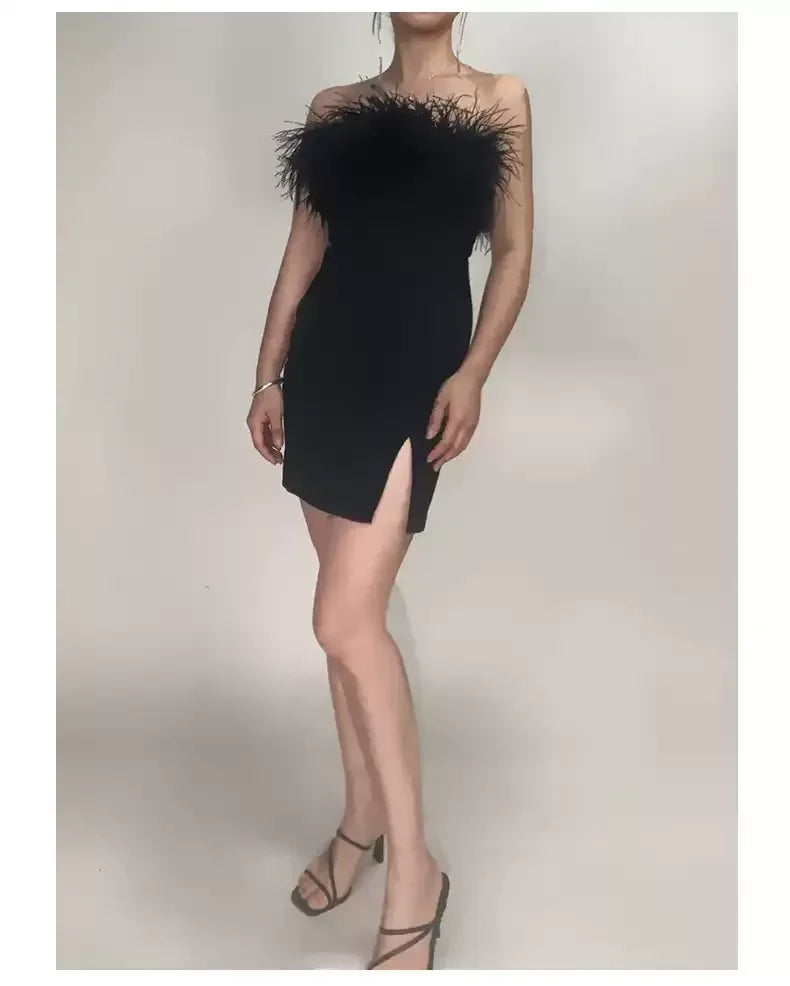 Vestido de Senhora Pluma Decote Ombros de Fora Bandagem Fendas Laterais Festa Cocktail Bodycon Preto Curto Baile de Finalistas Y1356