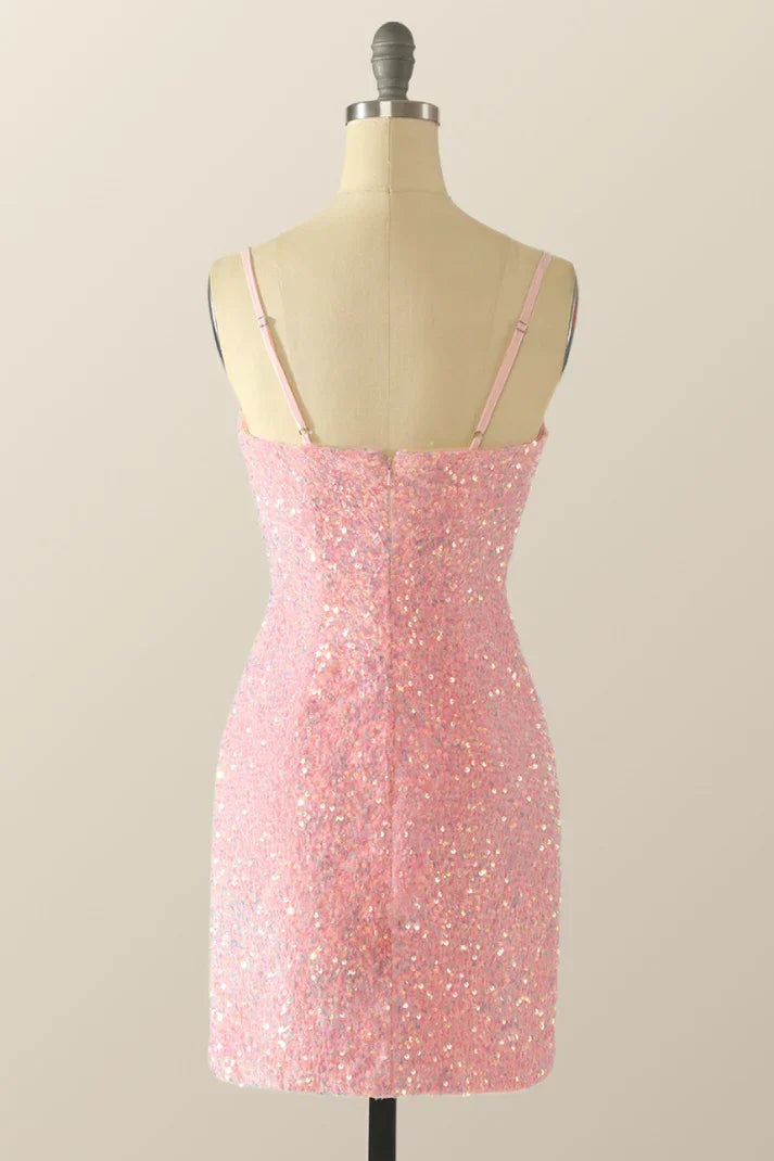 Niedliches Rosa Pailletten Homecoming-Kleid Rosa Rückenfreies Partykleid Y2041