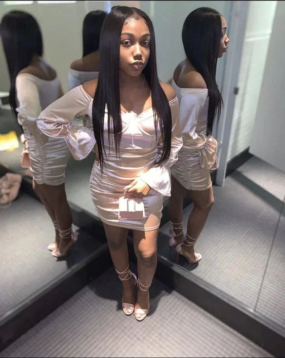 Fato para 18.º Aniversário Vestido para Meninas Pretas Vestido Justo para Baile de Finalistas com Mangas Compridas Y365