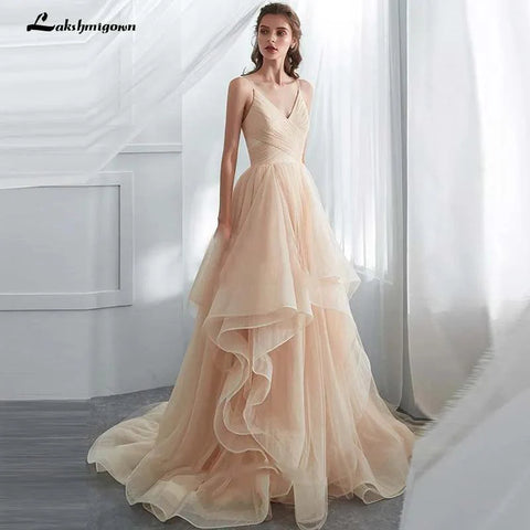 NumberSea Vestido de Noiva Romântico com Alças Finas Champanhe Bufante Longo com Folhos em Tule Macio Vestido de Baile Vestido de Noiva 