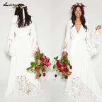NumberSea Simple Bohemian Long Sleeves Deep V Neck Hippie Beach Wedding Gown Plus Size Wedding Dresses