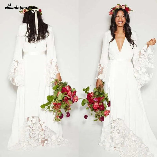 NumberSea Simple Bohemian Manches Longues Décolleté Plongeant Hippie Robe de Mariage Plage Robes de Mariage Grande Taille