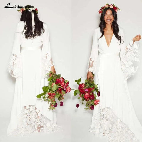 NumberSea Vestido de noiva estilo boémio, mangas compridas, decote em V profundo, estilo hippie, plus size 