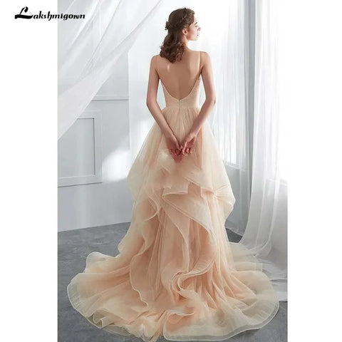 NumberSea Vestido de Noiva Romântico com Alças Finas Champanhe Bufante Longo com Folhos em Tule Macio Vestido de Baile Vestido de Noiva 