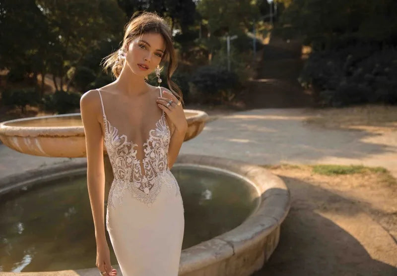 LORIE Sexy Mermaid Wedding Dresses 2020 Spaghetti Straps Appliques Lace Beach Bride Dress Backless Boho Wedding Gown