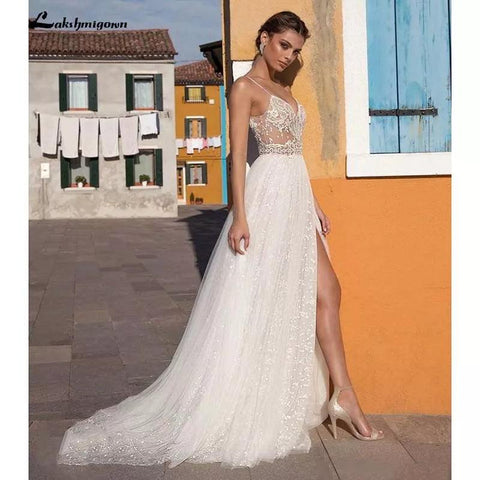 NumberSea Sexy Illusion Reise Brautkleid Strand Brautkleid mit Perlen Perlen Tüll Sweep Zug Arabische Robe de Mariee 