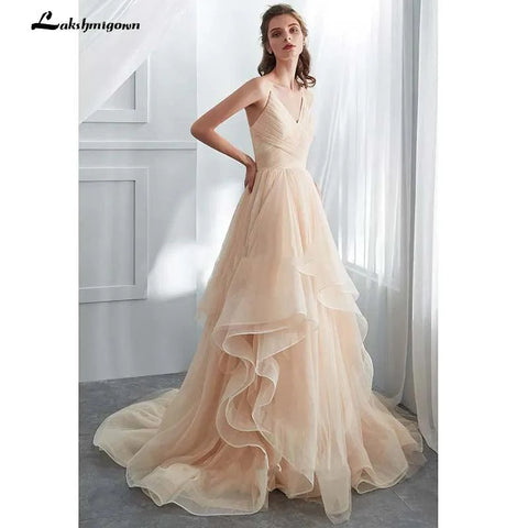 NumberSea Vestido de Noiva Romântico com Alças Finas Champanhe Bufante Longo com Folhos em Tule Macio Vestido de Baile Vestido de Noiva 