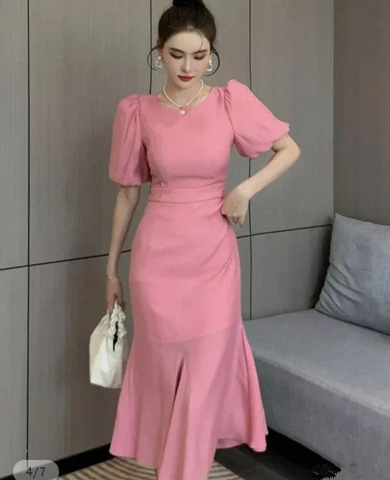 Vestido de Fiesta Clásico de Color Rosa con Mangas Abullonadas y Corte de Sirena a Media Pierna Vestido de Cóctel Rosa Y5599