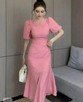 Vestido de Fiesta Clásico de Color Rosa con Mangas Abullonadas y Corte de Sirena a Media Pierna Vestido de Cóctel Rosa Y5599