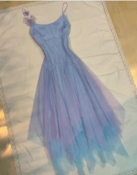 Lila Tüll A-Linien Partykleid mit Trägern Homecoming Kleid mit Blumen Y8143